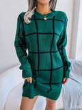 Women Casual Plaid Long Sleeve Knitted Sweater Dress 2026 Autumn Winter Clothes Without The Belt