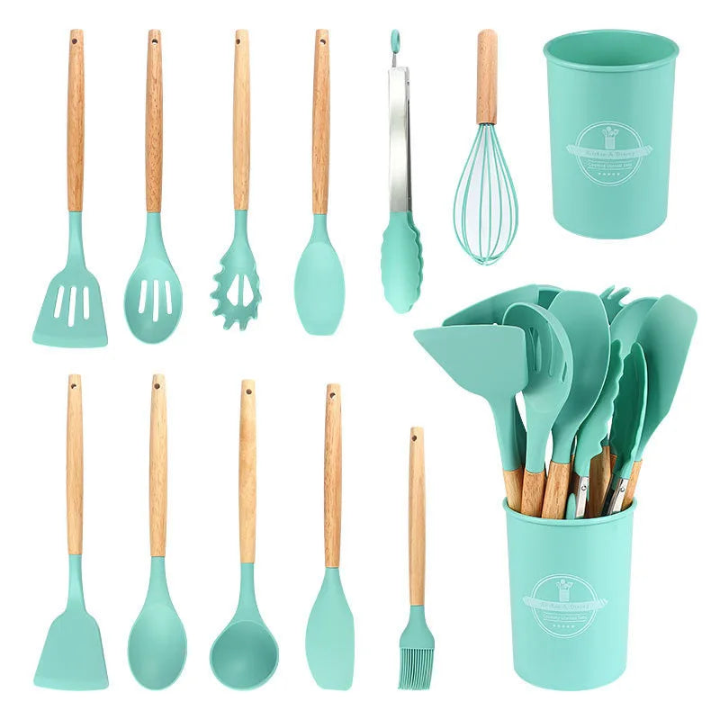 12Pcs/5pcs Silicone Kitchenware Non-Stick Cookware Kitchen Utensils Set Spatula Shovel Egg Beater Wooden Handle Cooking Tool Set