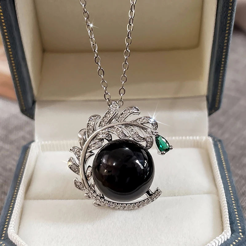 Huitan Aesthetic Branch Design Pendant Necklace with Black Imitation Pearl Pear Green CZ Luxury Trendy Wedding Jewelry for Women