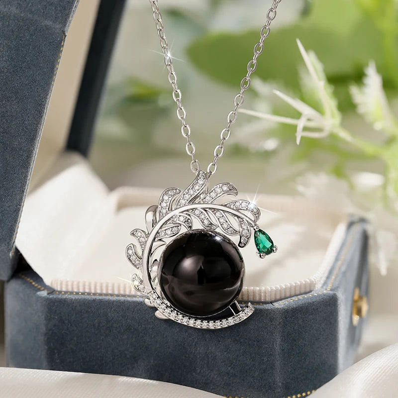 Huitan Aesthetic Branch Design Pendant Necklace with Black Imitation Pearl Pear Green CZ Luxury Trendy Wedding Jewelry for Women