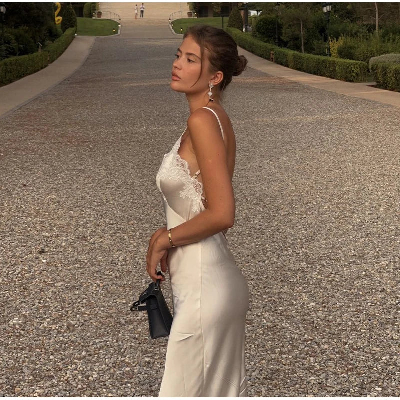 Sexy Satin Sling Maxi Dress Women V-neck Lace Patchwork Sleeveless Backless Slim Dresses 2026 Lady Chic Vacation White Robe