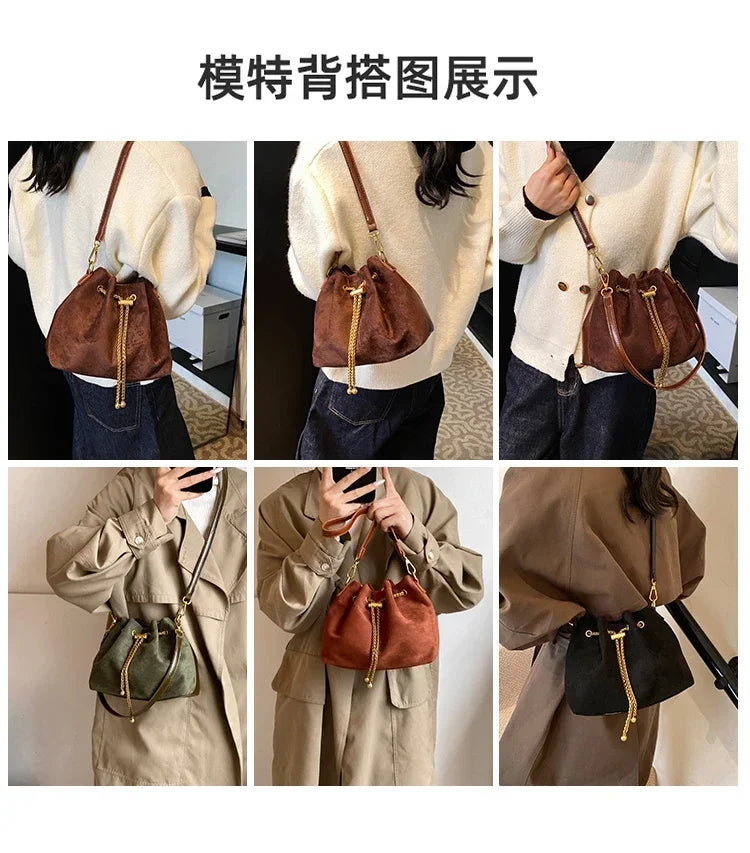 Soft Solid Faux Suede Simple Commuting Crossbody Bags 2026 Hot Sale Sewing Sweet Bags for Women Thread String Women's Handbags