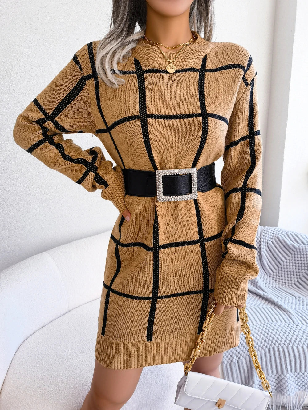 Women Casual Plaid Long Sleeve Knitted Sweater Dress 2026 Autumn Winter Clothes Without The Belt