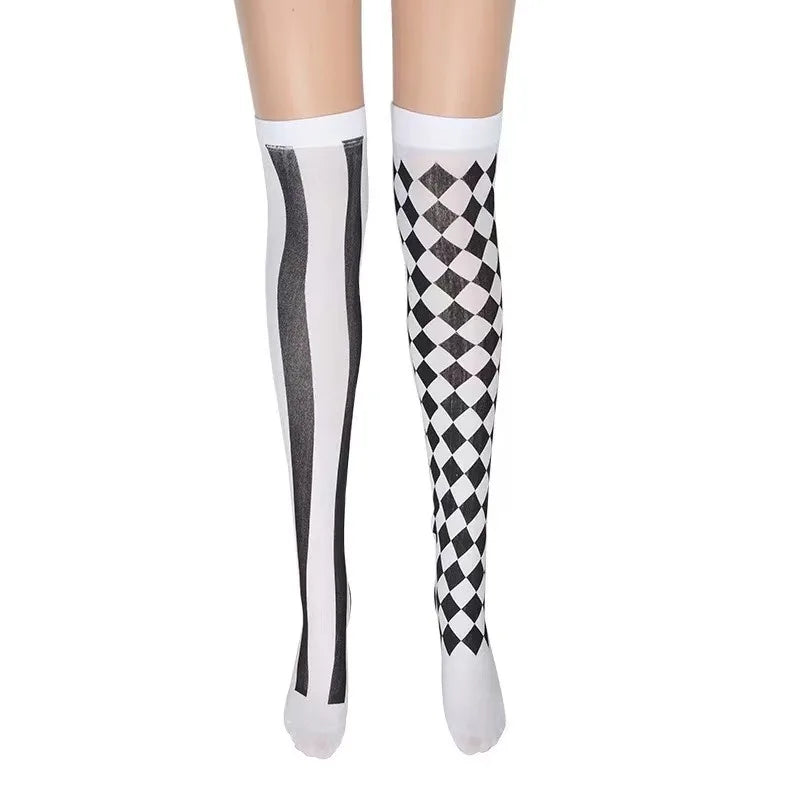 Clown Asymmetrical Striped Printed Over Knee Long Sock Halloween Thigh Highs Stockings Cosplay Costume Tights for Women