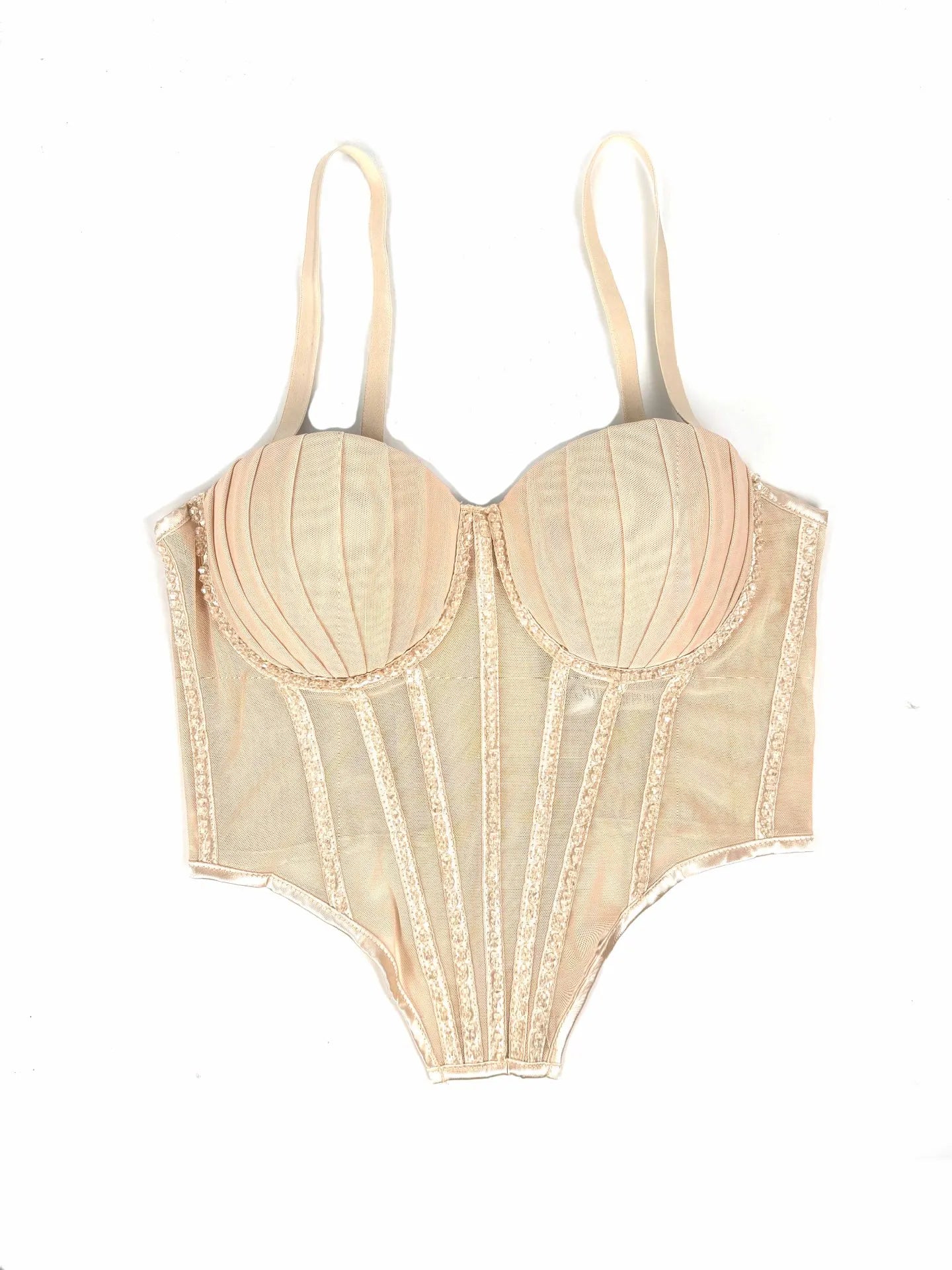 Sexy Mesh Design Camisole Vest Style Ladies Corset Tops with Chest Cushion Sparkling Diamond Decoration Fishbone Lingerie Tops