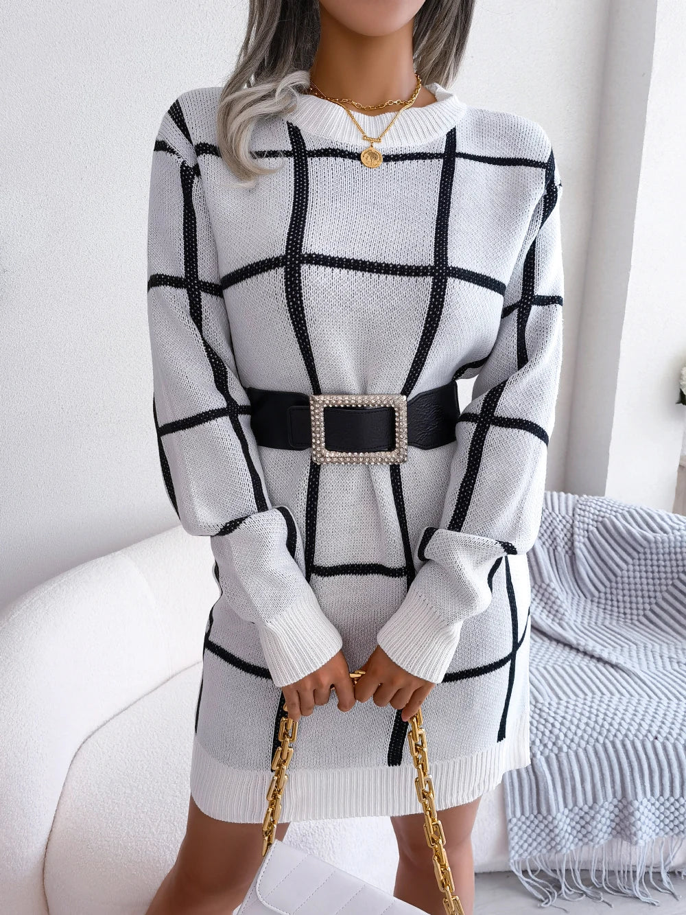 Women Casual Plaid Long Sleeve Knitted Sweater Dress 2026 Autumn Winter Clothes Without The Belt
