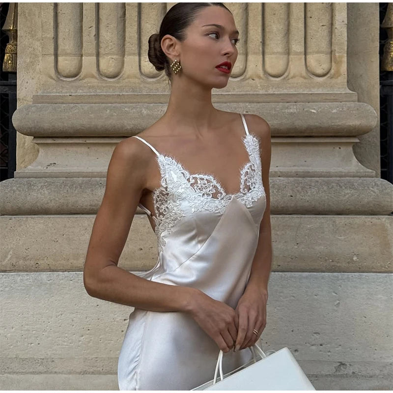 Sexy Satin Sling Maxi Dress Women V-neck Lace Patchwork Sleeveless Backless Slim Dresses 2026 Lady Chic Vacation White Robe
