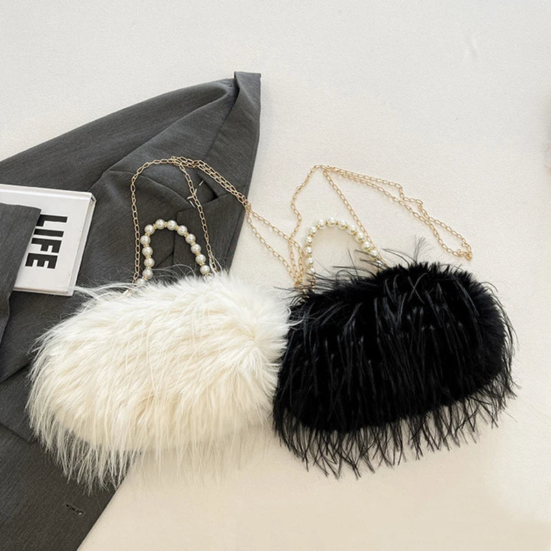 French Square Evening Banquet Bag Handle Pearls Plush Handbag Large Capacity Lock Buckle Shoulder Crossbody Bag Wedding