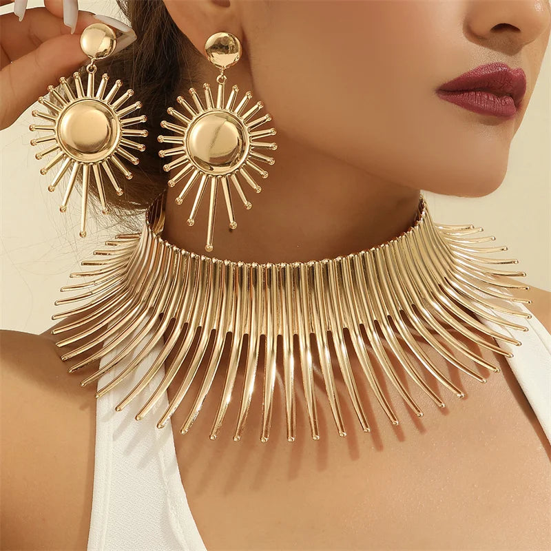 Fashion Jewelry Set African Gold Color Metal Big Exaggerated Choker Necklace And Earrings Set For Women Party Accessories