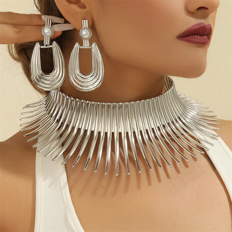 Fashion Jewelry Set African Gold Color Metal Big Exaggerated Choker Necklace And Earrings Set For Women Party Accessories