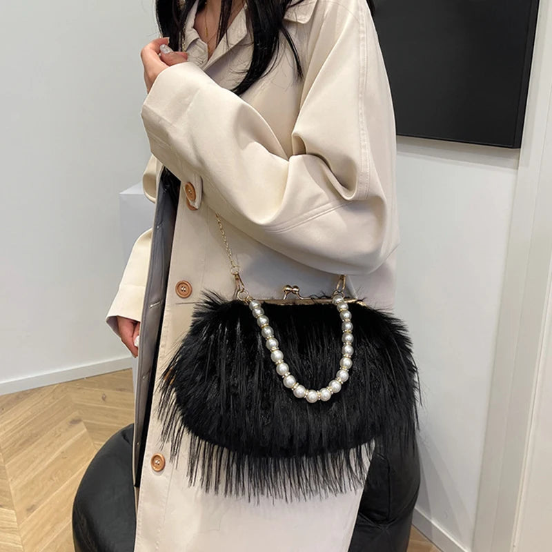 French Square Evening Banquet Bag Handle Pearls Plush Handbag Large Capacity Lock Buckle Shoulder Crossbody Bag Wedding