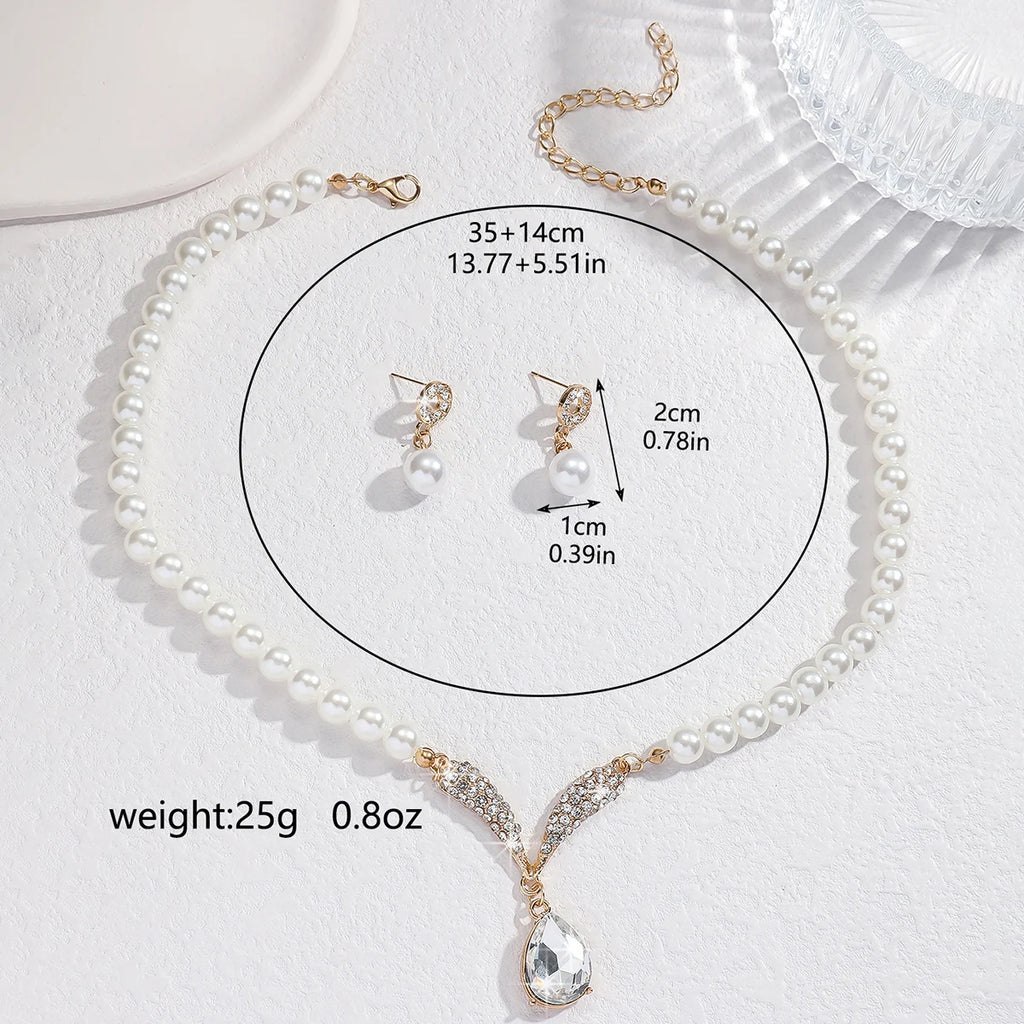 3PC Women's Fashion Trend Pearl Droplet Necklace Earrings Jewelry Set Wedding Banquet Party Festival Gift