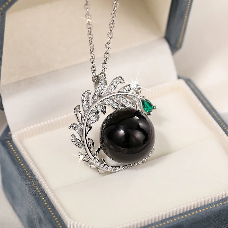 Huitan Aesthetic Branch Design Pendant Necklace with Black Imitation Pearl Pear Green CZ Luxury Trendy Wedding Jewelry for Women