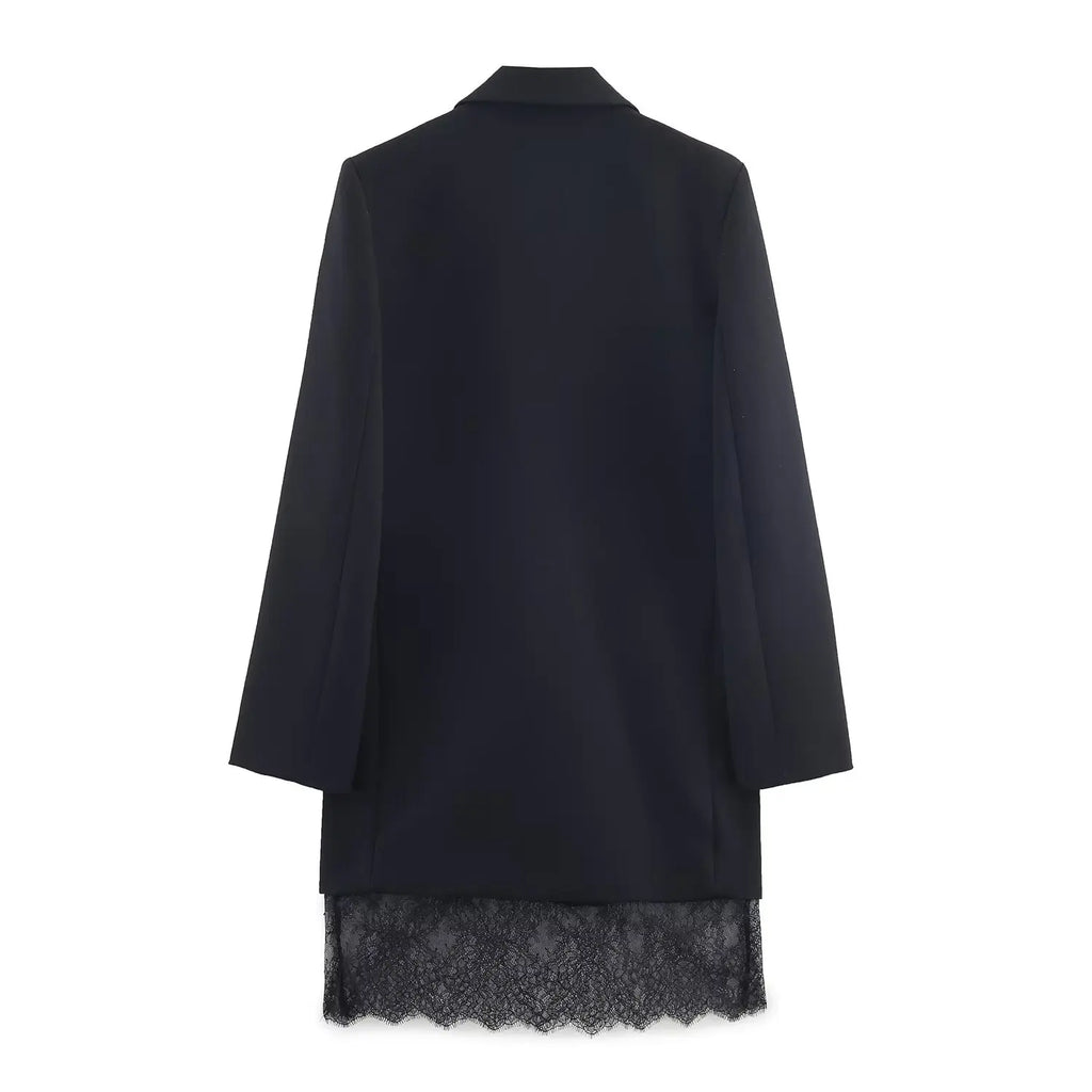 TFMLN 2026 Women Lace-trim Blazer Dress Fashion Notched Long Sleeve Pullover Causal Chic Dress Elegant Office Lady Pockets Dress