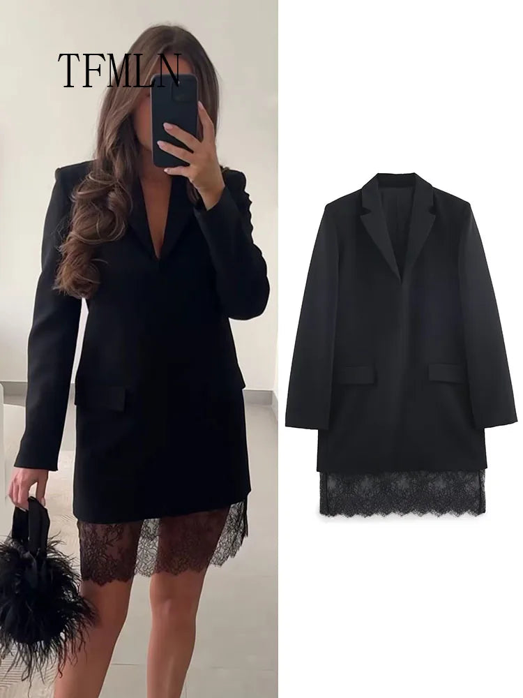 TFMLN 2026 Women Lace-trim Blazer Dress Fashion Notched Long Sleeve Pullover Causal Chic Dress Elegant Office Lady Pockets Dress