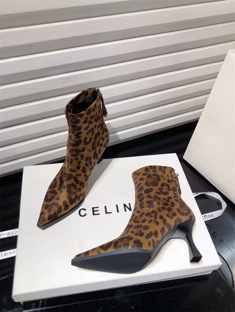 Autumn Women's High Heel Leopard Print Ankle Boots New Winter Pointed Head Thin Heel Chelsea Boots for Shoes Dress D503