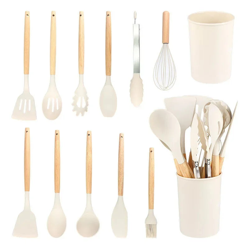 12Pcs/5pcs Silicone Kitchenware Non-Stick Cookware Kitchen Utensils Set Spatula Shovel Egg Beater Wooden Handle Cooking Tool Set