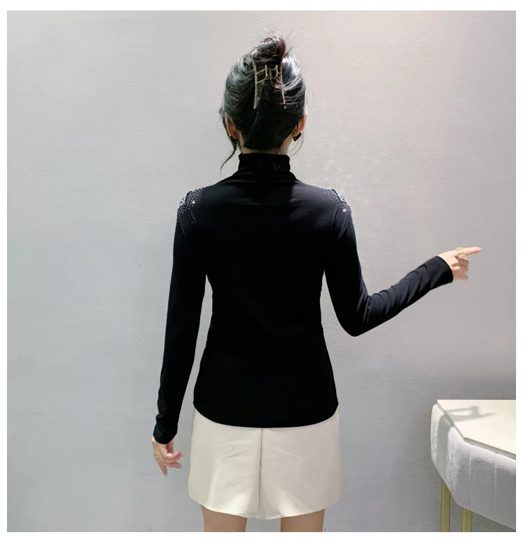 2025 European Station Long Sleeve Women Tees Autumn Winter New Stand collar Hot Diamond T Shirt Fashion Slim Mesh Tops