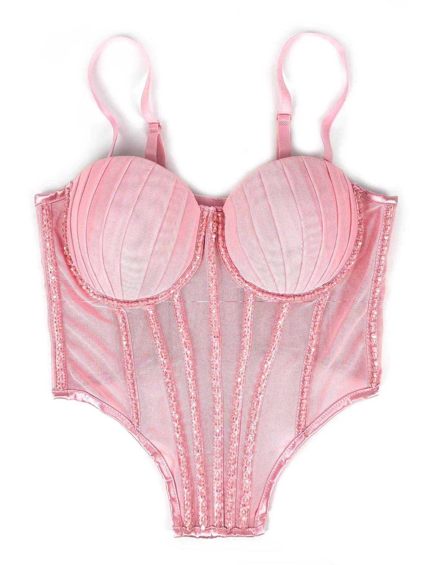 Sexy Mesh Design Camisole Vest Style Ladies Corset Tops with Chest Cushion Sparkling Diamond Decoration Fishbone Lingerie Tops