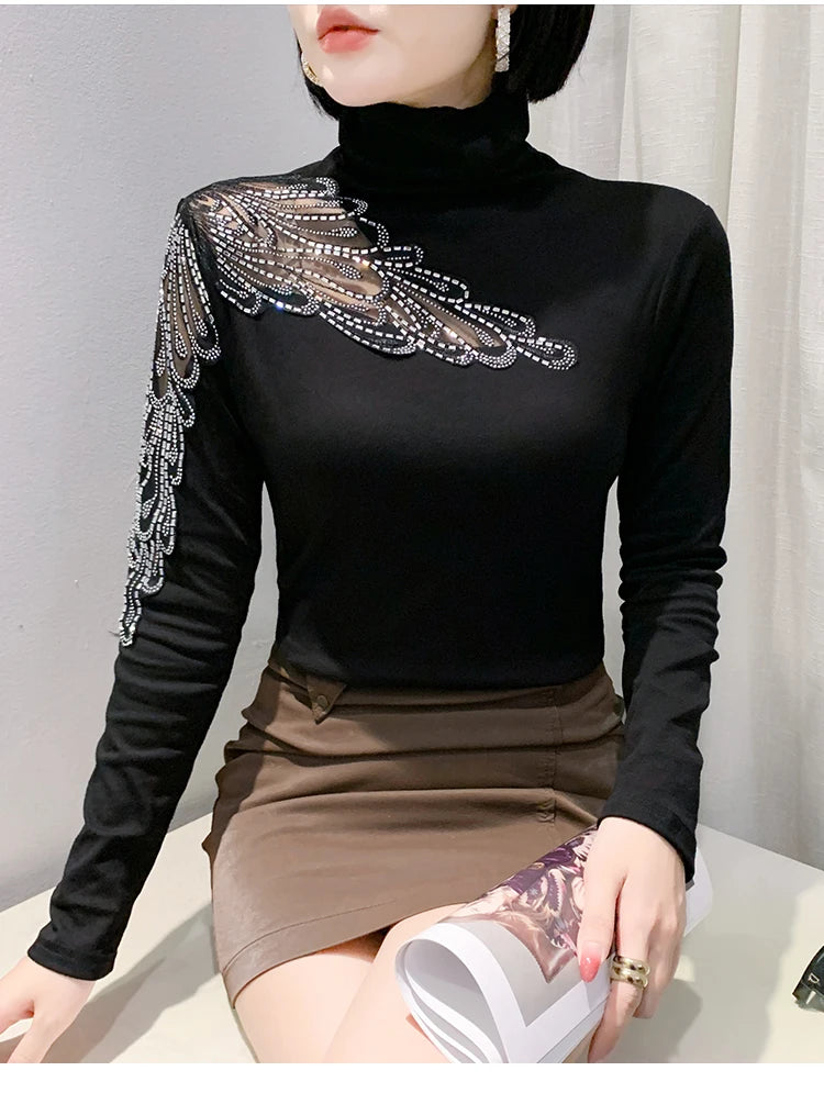 2025 European Station Long Sleeve Women Tees Autumn Winter New Stand collar Hot Diamond T Shirt Fashion Slim Mesh Tops