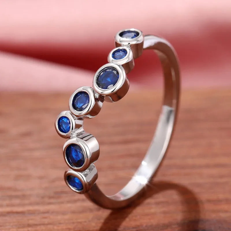 Huitan Elegant Blue Cubic Zirconia Thin Rings for Women Fancy Wedding Party Finger Accessories High Quality Silver Color Jewelry