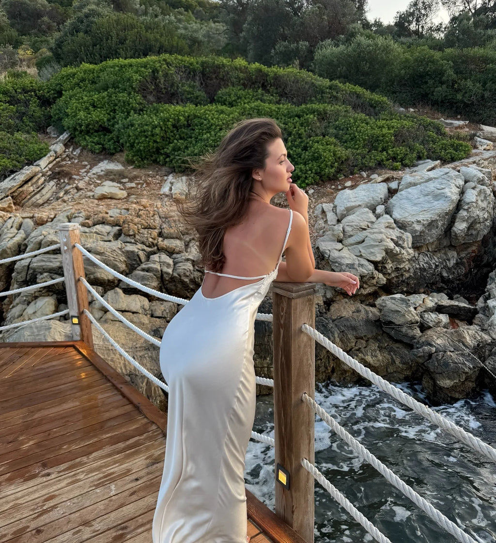 Sexy Satin Sling Maxi Dress Women V-neck Lace Patchwork Sleeveless Backless Slim Dresses 2026 Lady Chic Vacation White Robe