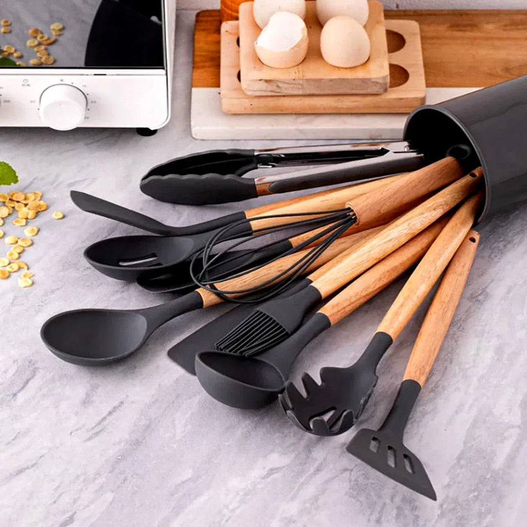 12Pcs/5pcs Silicone Kitchenware Non-Stick Cookware Kitchen Utensils Set Spatula Shovel Egg Beater Wooden Handle Cooking Tool Set