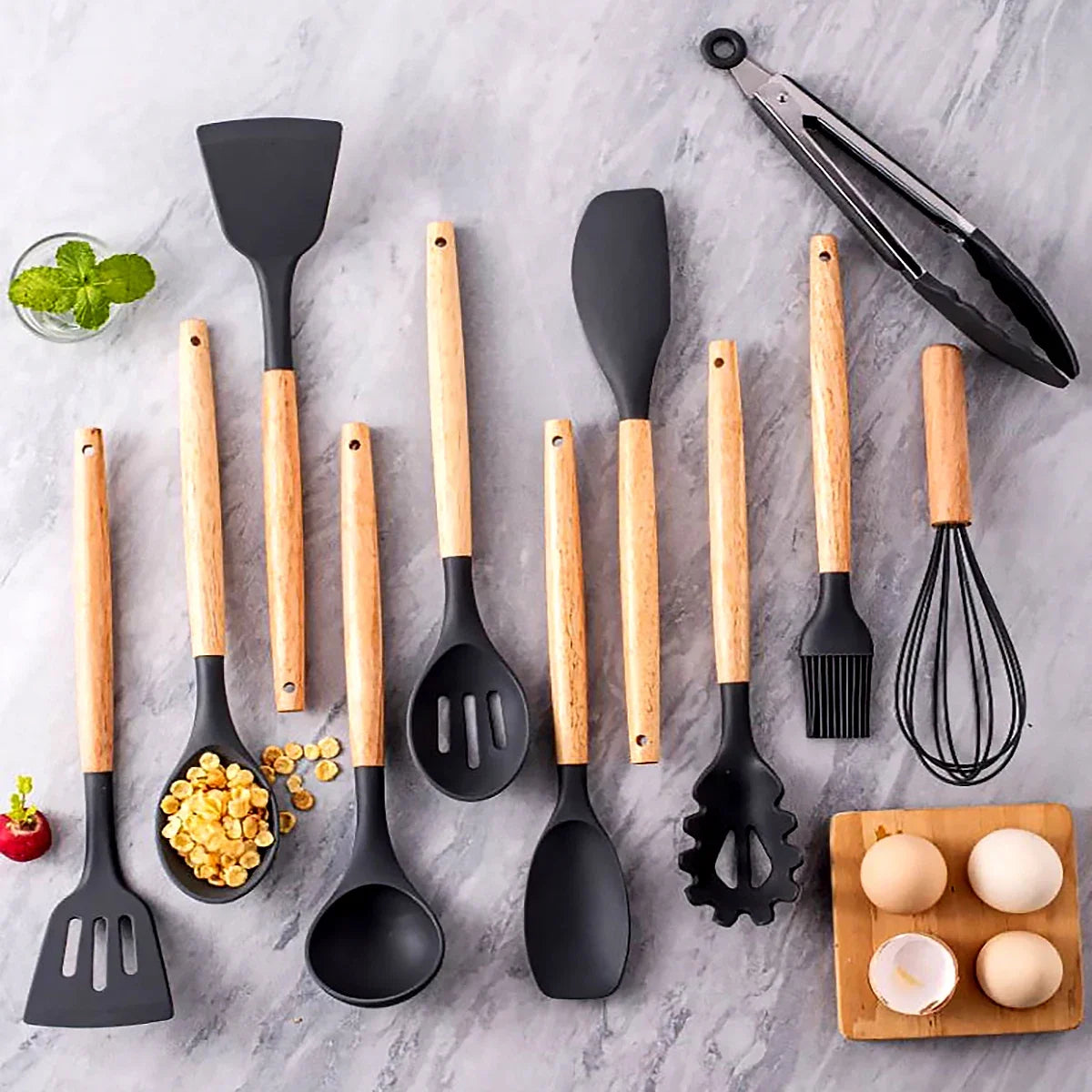 12Pcs/5pcs Silicone Kitchenware Non-Stick Cookware Kitchen Utensils Set Spatula Shovel Egg Beater Wooden Handle Cooking Tool Set