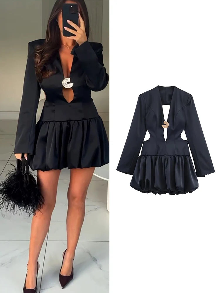 TFMLN 2026 Women Cut Out Ball Gown Dress Sexy Deep V Neck Long Sleeve Casual Party Mini Dresses Fashion Backless Clothing