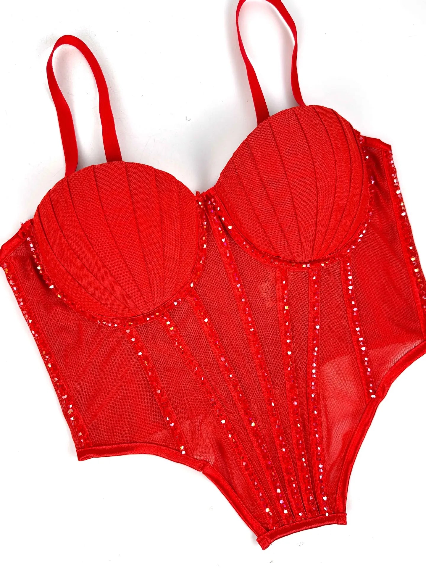 Sexy Mesh Design Camisole Vest Style Ladies Corset Tops with Chest Cushion Sparkling Diamond Decoration Fishbone Lingerie Tops