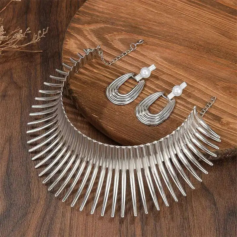 Fashion Jewelry Set African Gold Color Metal Big Exaggerated Choker Necklace And Earrings Set For Women Party Accessories