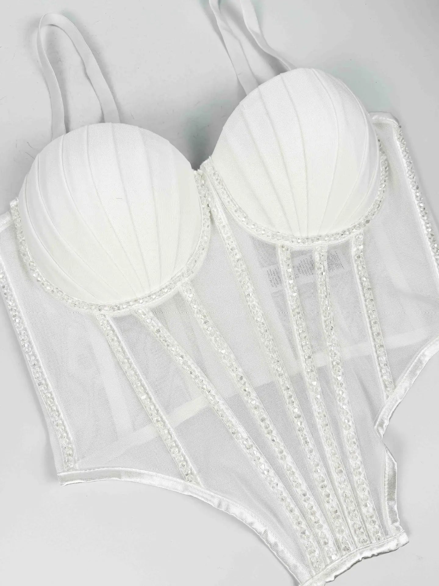 Sexy Mesh Design Camisole Vest Style Ladies Corset Tops with Chest Cushion Sparkling Diamond Decoration Fishbone Lingerie Tops