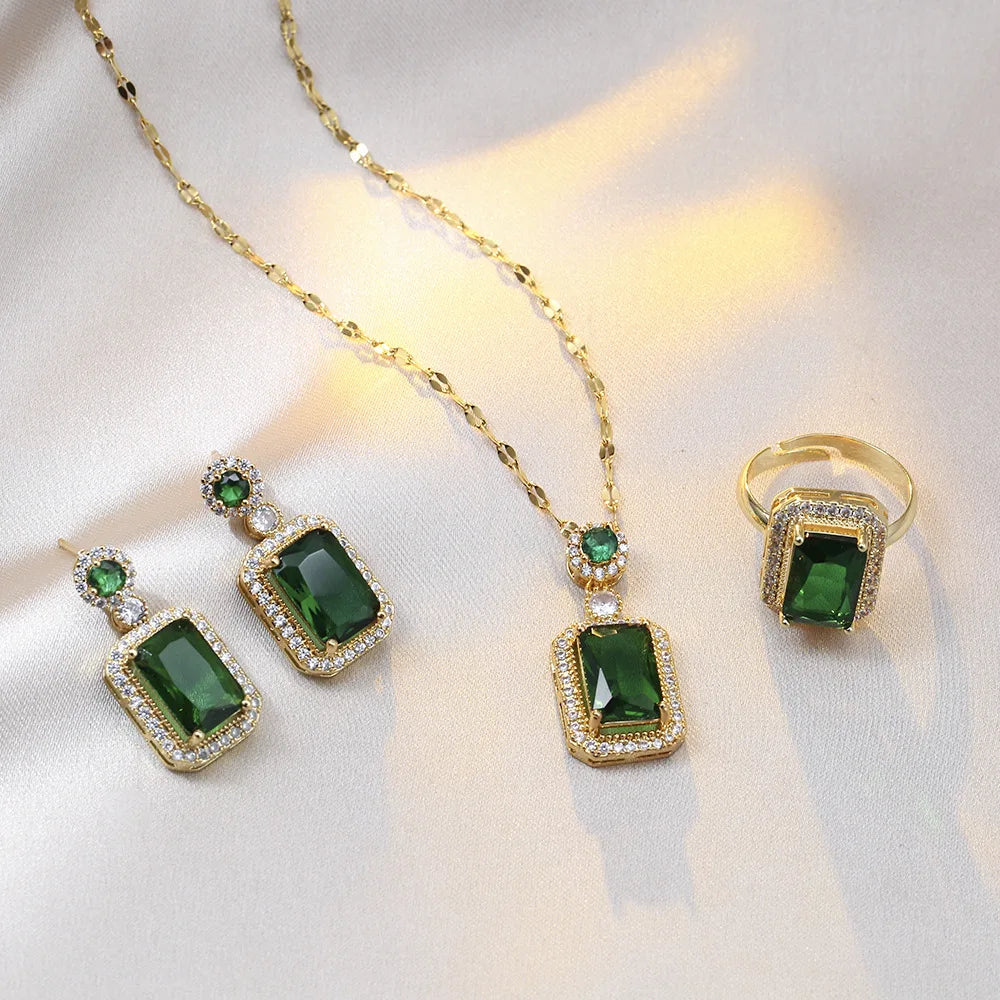 4PCS Sets Exquisite Quadrate Rhinestone Necklace Earrings Ring Jewelry Set Charm Ladies Jewelry Fashion Bridal Gifts
