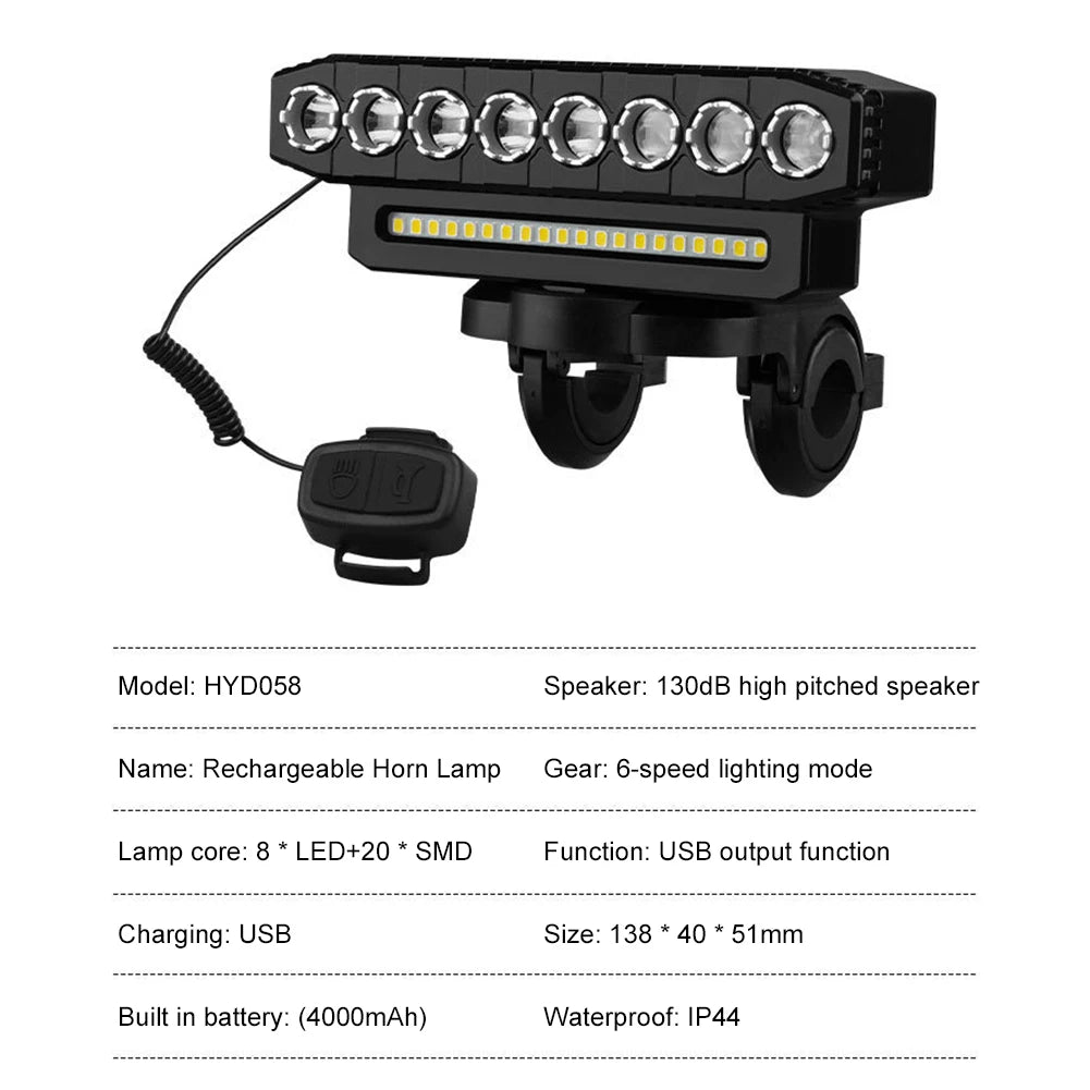 LED Bike Headlight LED Light Bar with 130DB Bell Bicycle Front Light 4000mAh Power Bank 6 Light Modes USB Charging Bicycle Lamp