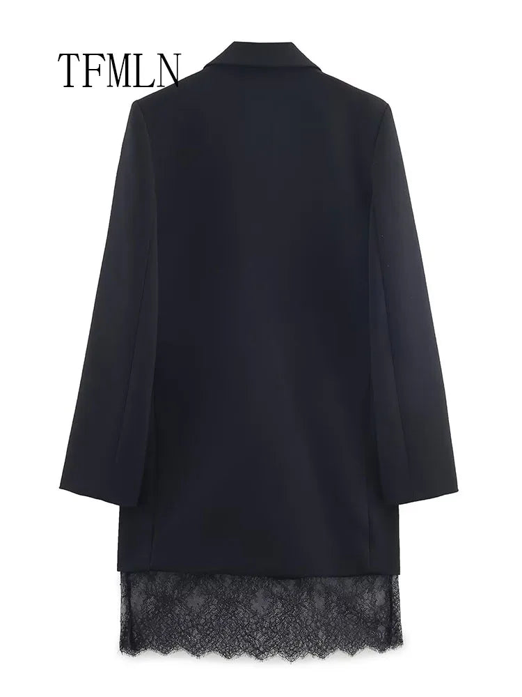 TFMLN 2026 Women Lace-trim Blazer Dress Fashion Notched Long Sleeve Pullover Causal Chic Dress Elegant Office Lady Pockets Dress
