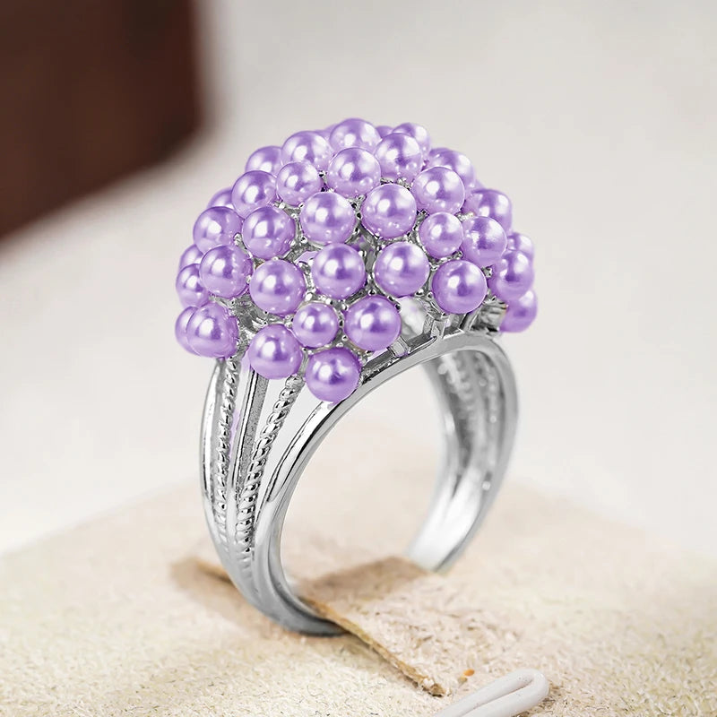 Huitan Luxuriant White/Purple Imitation Pearl Rings for Women Aesthetic Wedding Engagement Accessories Trendy Jewelry Drop Ship