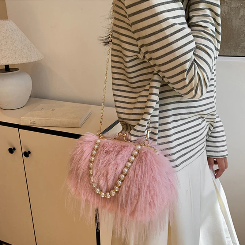 French Square Evening Banquet Bag Handle Pearls Plush Handbag Large Capacity Lock Buckle Shoulder Crossbody Bag Wedding